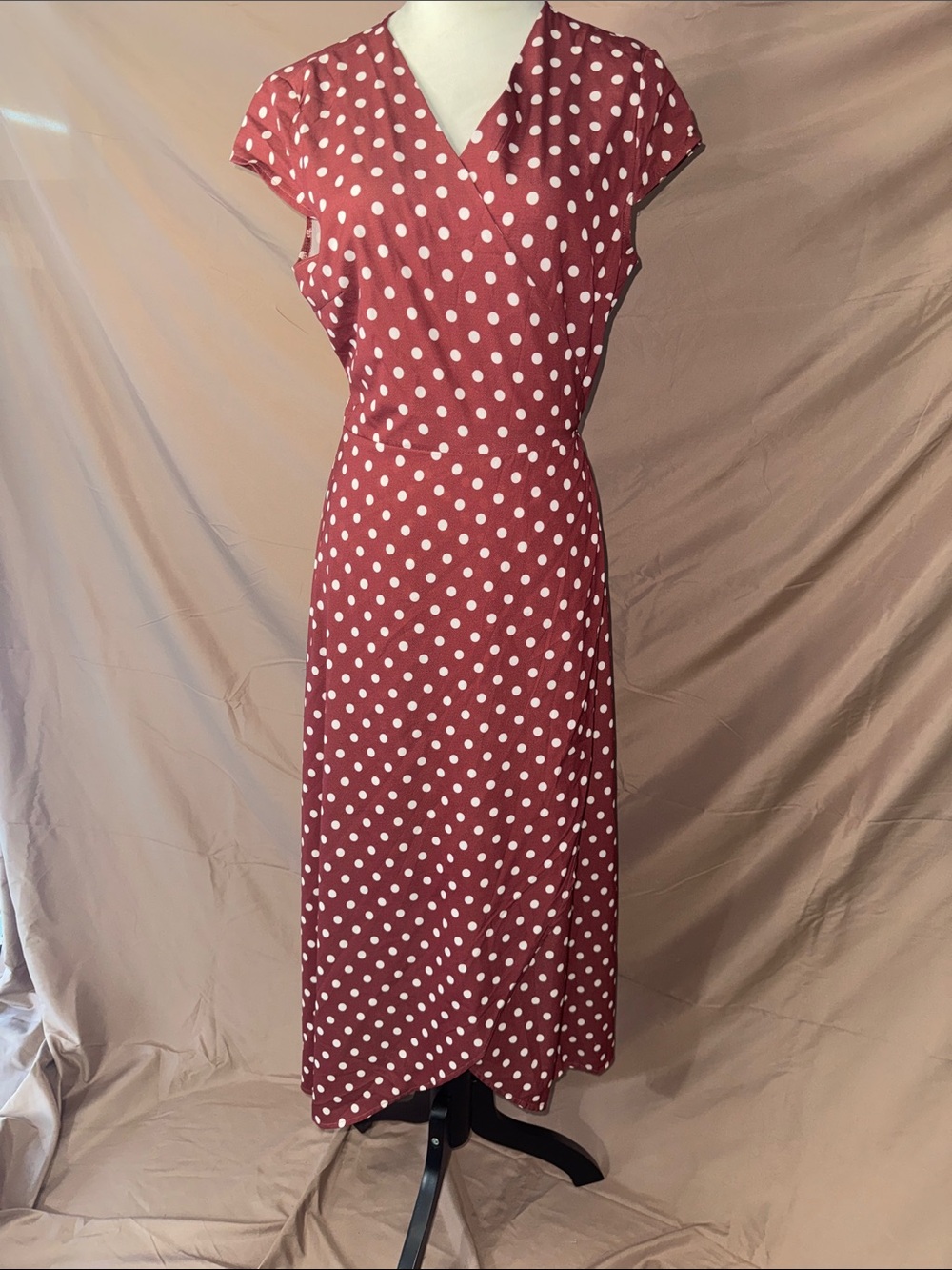 NWT FULL WRAP Vintage-Inspired Dusty Rose Polka Dot Maxi Dress